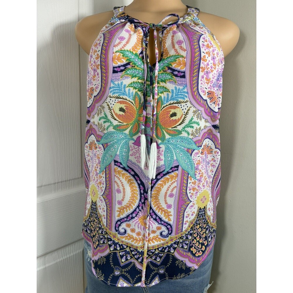 Rose + Olive Womens Blouse Sz S Multicolor Paisley Halter Neck Boho Tassel